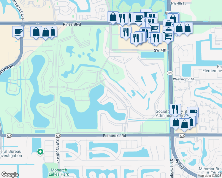 map of restaurants, bars, coffee shops, grocery stores, and more near 1000 Southwest 128th Terrace in Pembroke Pines