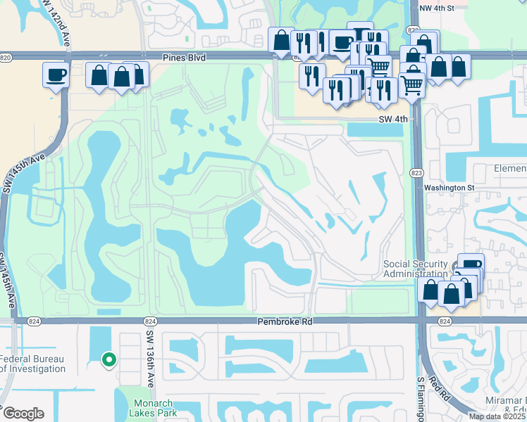 map of restaurants, bars, coffee shops, grocery stores, and more near 1000 Southwest 128th Terrace in Pembroke Pines