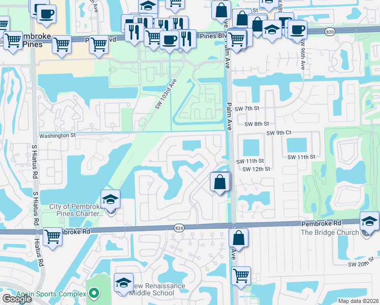 map of restaurants, bars, coffee shops, grocery stores, and more near 10237 Southwest 12th Street in Pembroke Pines
