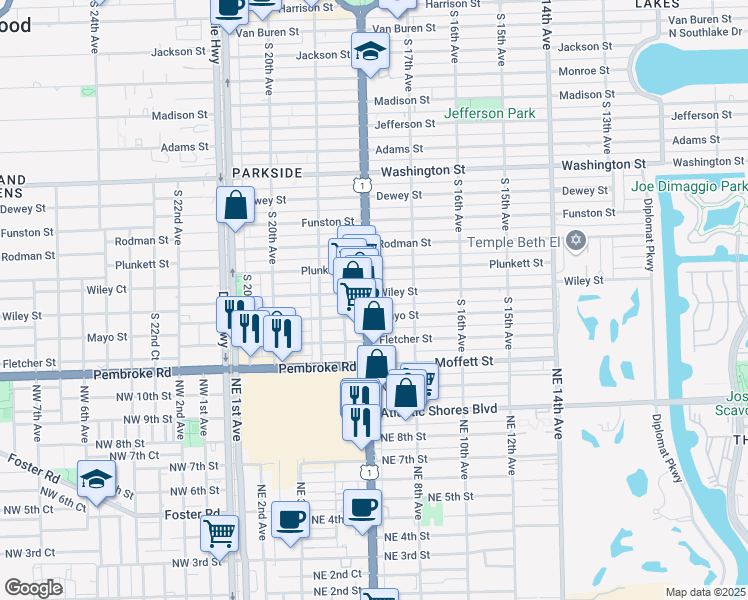 map of restaurants, bars, coffee shops, grocery stores, and more near 1742 Wiley Street in Hollywood