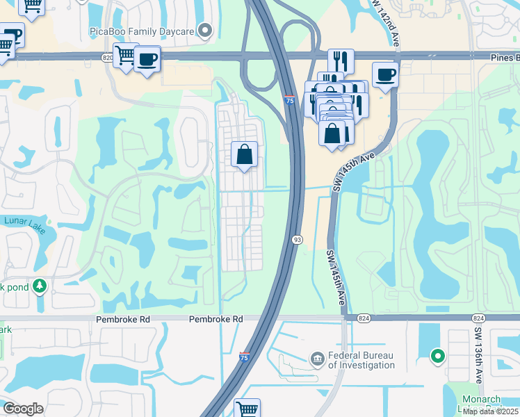 map of restaurants, bars, coffee shops, grocery stores, and more near 1057 Southwest 146th Terrace in Pembroke Pines