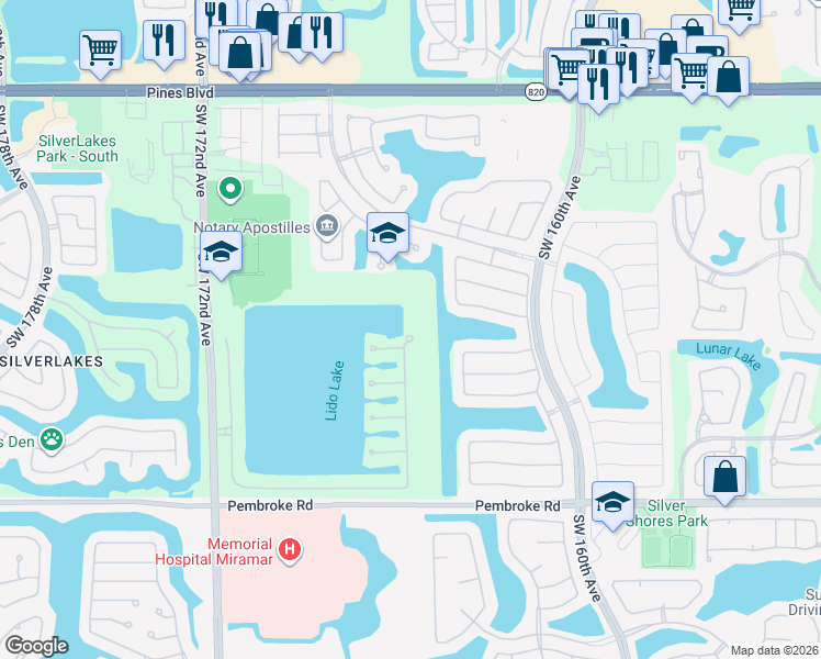map of restaurants, bars, coffee shops, grocery stores, and more near 773 Southwest 167th Avenue in Pembroke Pines