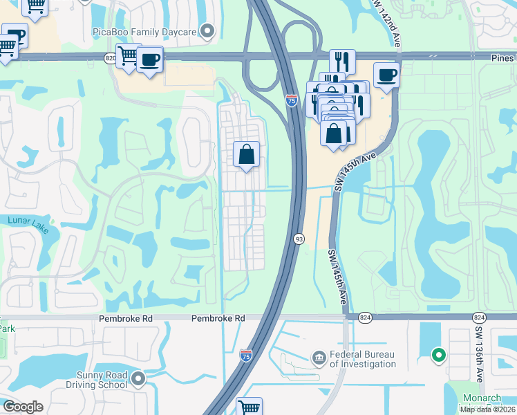 map of restaurants, bars, coffee shops, grocery stores, and more near 1057 Southwest 146th Terrace in Pembroke Pines