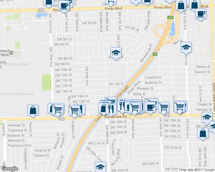 map of restaurants, bars, coffee shops, grocery stores, and more near 6790 Southwest 12th Street in Pembroke Pines