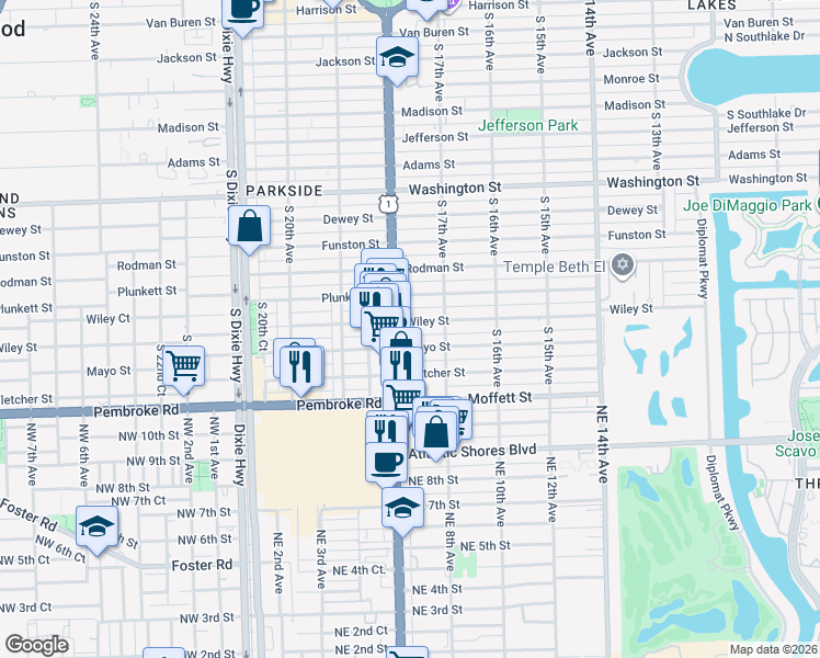 map of restaurants, bars, coffee shops, grocery stores, and more near 1742 Wiley Street in Hollywood