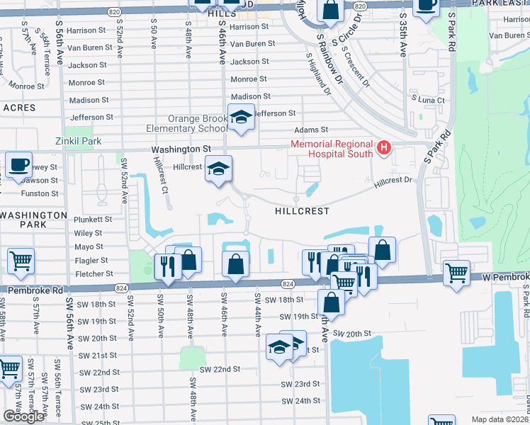map of restaurants, bars, coffee shops, grocery stores, and more near 4400 Hillcrest Drive in Hollywood