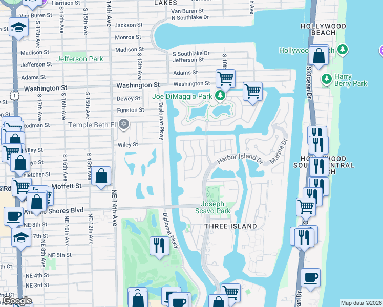 map of restaurants, bars, coffee shops, grocery stores, and more near 1449 Shoreline Way in Hollywood