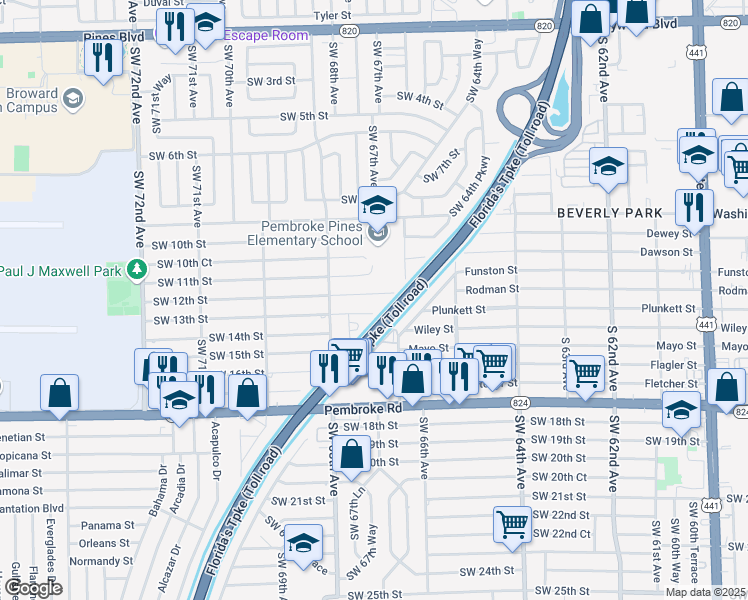 map of restaurants, bars, coffee shops, grocery stores, and more near 6720 Southwest 12th Street in Pembroke Pines