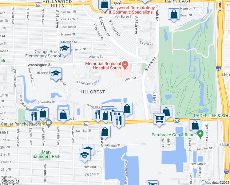 map of restaurants, bars, coffee shops, grocery stores, and more near 3800 Hillcrest Drive in Hollywood