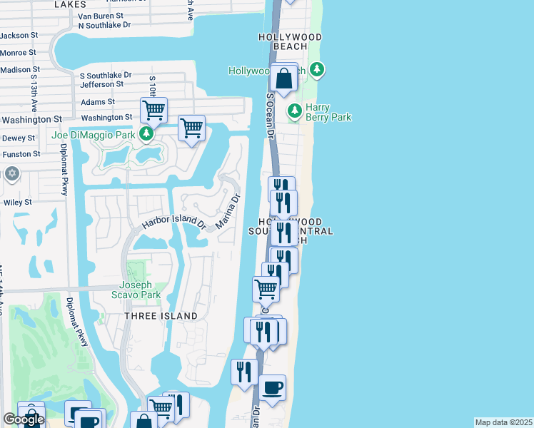 map of restaurants, bars, coffee shops, grocery stores, and more near 1800 South Ocean Drive in Hollywood