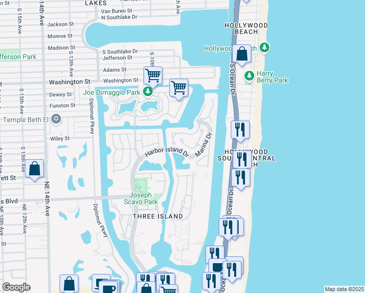 map of restaurants, bars, coffee shops, grocery stores, and more near 894 Spinnaker Drive East in Hollywood