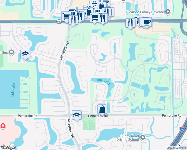 map of restaurants, bars, coffee shops, grocery stores, and more near 1166 Southwest 158th Way in Pembroke Pines