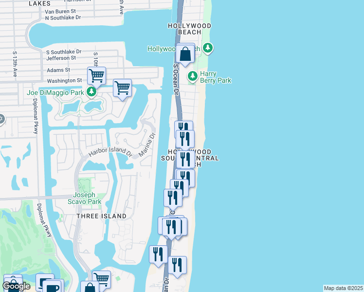 map of restaurants, bars, coffee shops, grocery stores, and more near 2101 South Ocean Drive in Hollywood