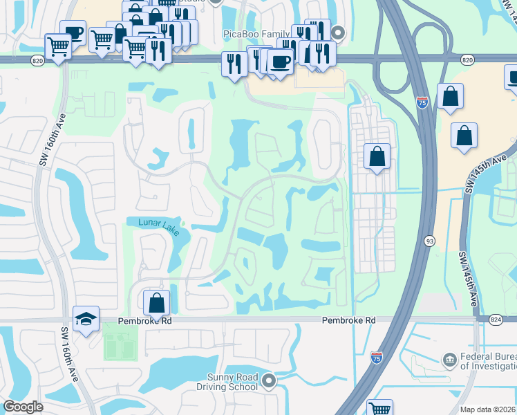 map of restaurants, bars, coffee shops, grocery stores, and more near 15251 12th Boulevard in Pembroke Pines