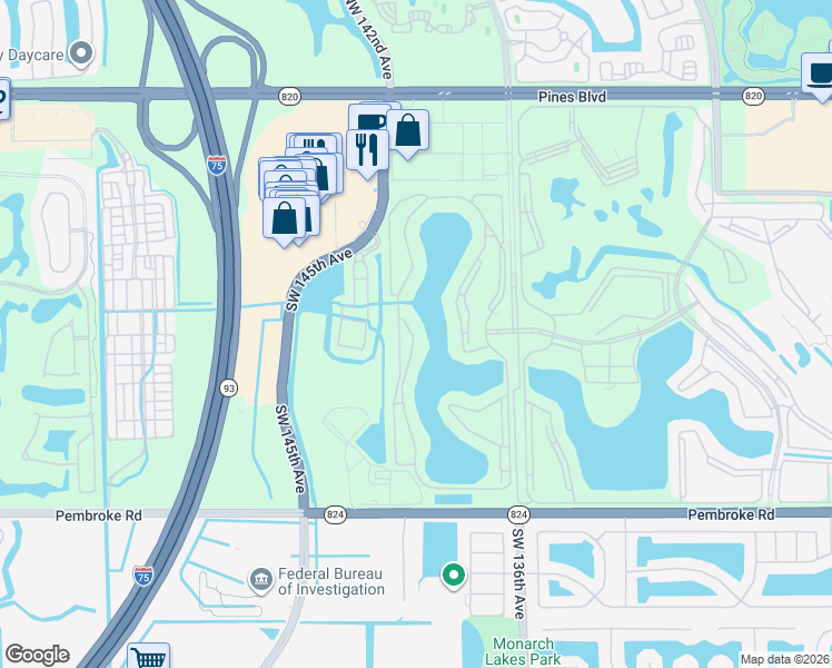 map of restaurants, bars, coffee shops, grocery stores, and more near 800 Southwest 142nd Avenue in Pembroke Pines