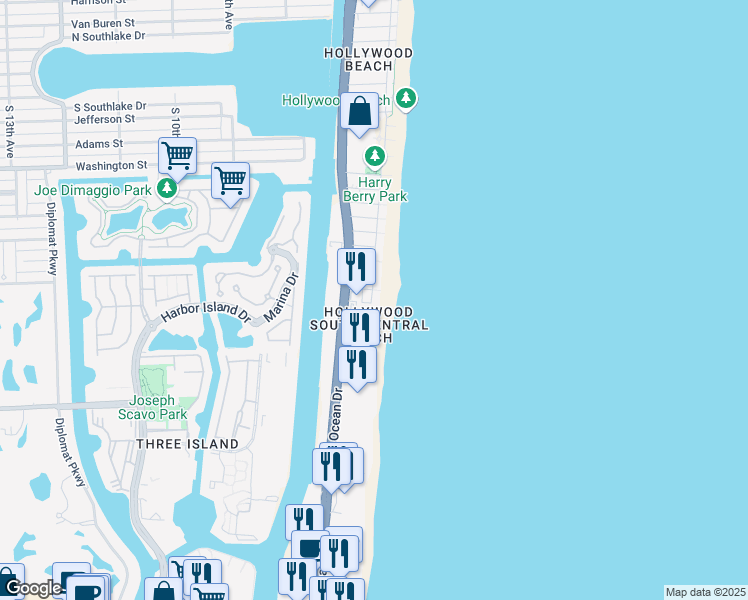 map of restaurants, bars, coffee shops, grocery stores, and more near 2199 South Surf Road in Hollywood