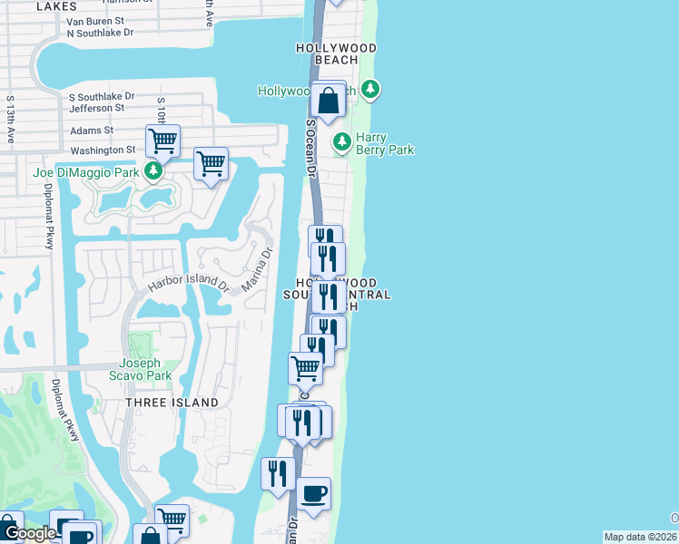 map of restaurants, bars, coffee shops, grocery stores, and more near 2199 South Surf Road in Hollywood