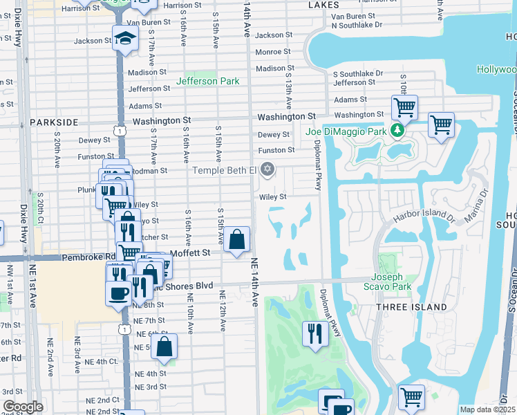map of restaurants, bars, coffee shops, grocery stores, and more near 1431 South 14th Avenue in Hollywood