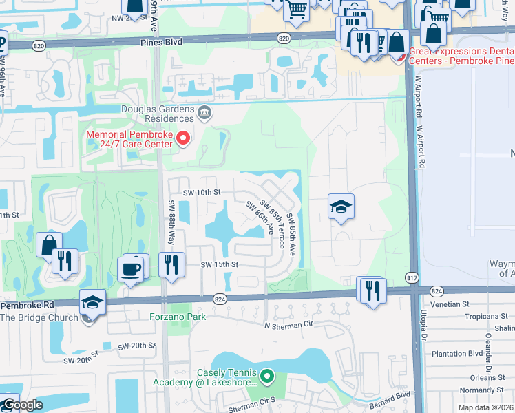 map of restaurants, bars, coffee shops, grocery stores, and more near 1131 Southwest 86th Avenue in Pembroke Pines