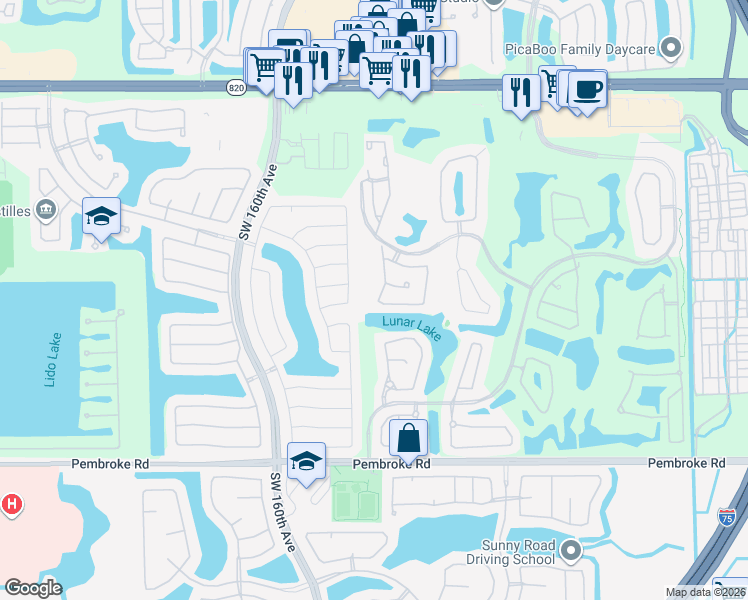 map of restaurants, bars, coffee shops, grocery stores, and more near 1166 Southwest 158th Way in Pembroke Pines