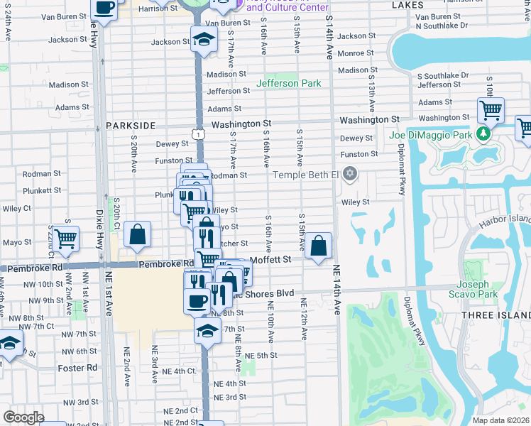 map of restaurants, bars, coffee shops, grocery stores, and more near 1610 Wiley Street in Hollywood