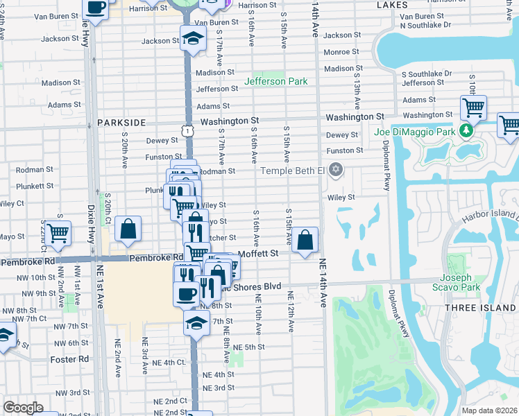 map of restaurants, bars, coffee shops, grocery stores, and more near 1610 Wiley Street in Hollywood
