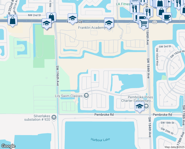 map of restaurants, bars, coffee shops, grocery stores, and more near 853 Southwest 190th Avenue in Pembroke Pines