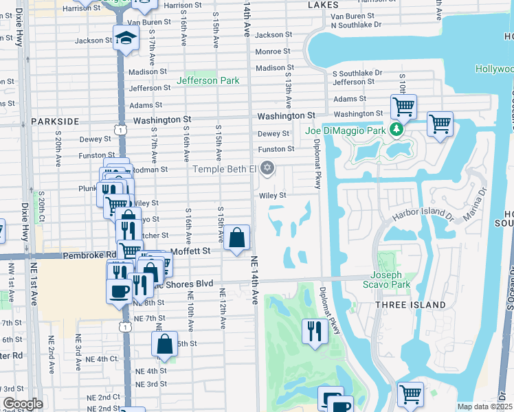 map of restaurants, bars, coffee shops, grocery stores, and more near 1431 South 14th Avenue in Hollywood