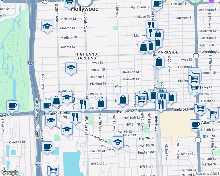 map of restaurants, bars, coffee shops, grocery stores, and more near 2442 Wiley Court in Hollywood