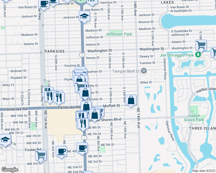 map of restaurants, bars, coffee shops, grocery stores, and more near 1610 Wiley Street in Hollywood
