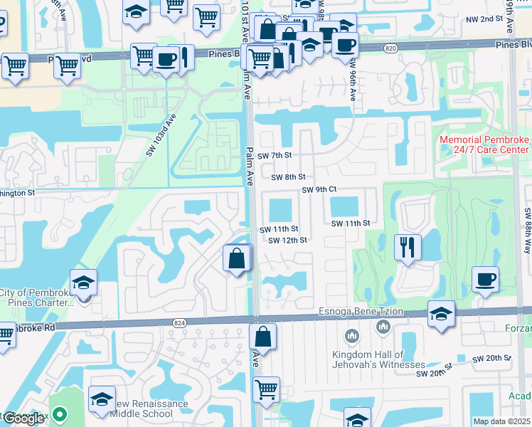 map of restaurants, bars, coffee shops, grocery stores, and more near 1011 Southwest 100th Terrace in Pembroke Pines
