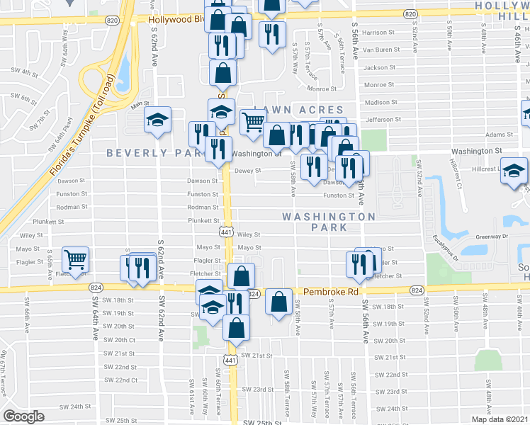 map of restaurants, bars, coffee shops, grocery stores, and more near 5892 Rodman Street in Hollywood
