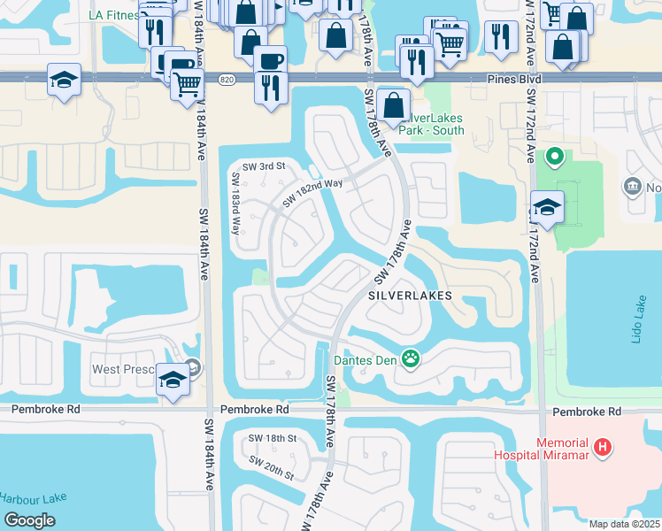 map of restaurants, bars, coffee shops, grocery stores, and more near 916 Southwest 180th Terrace in Pembroke Pines