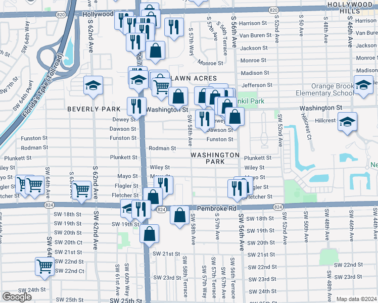 map of restaurants, bars, coffee shops, grocery stores, and more near 5800 Rodman St in Hollywood