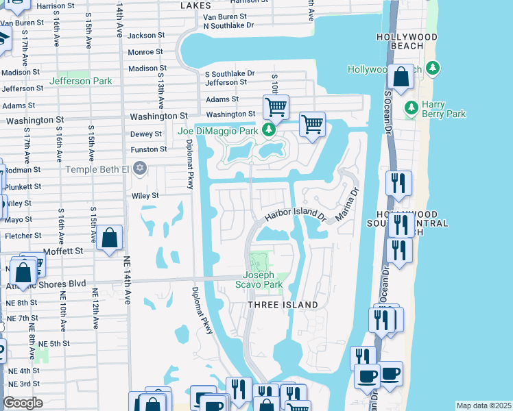 map of restaurants, bars, coffee shops, grocery stores, and more near 1455 Breakwater Terrace in Hollywood