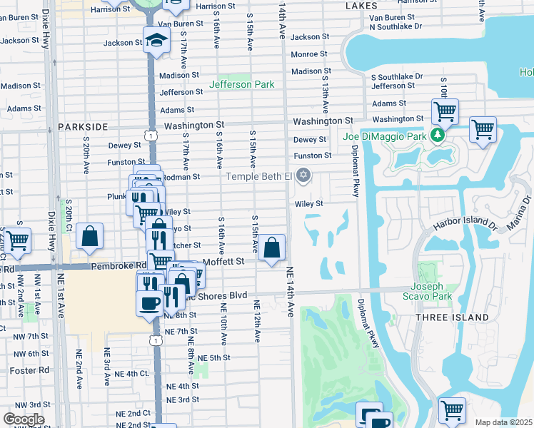 map of restaurants, bars, coffee shops, grocery stores, and more near 1426 Wiley Street in Hollywood