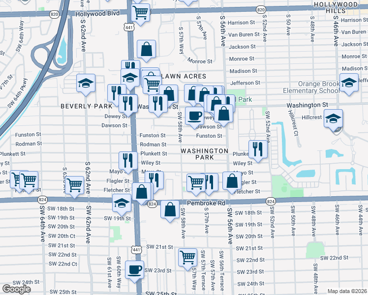 map of restaurants, bars, coffee shops, grocery stores, and more near 5800 Rodman Street in Hollywood