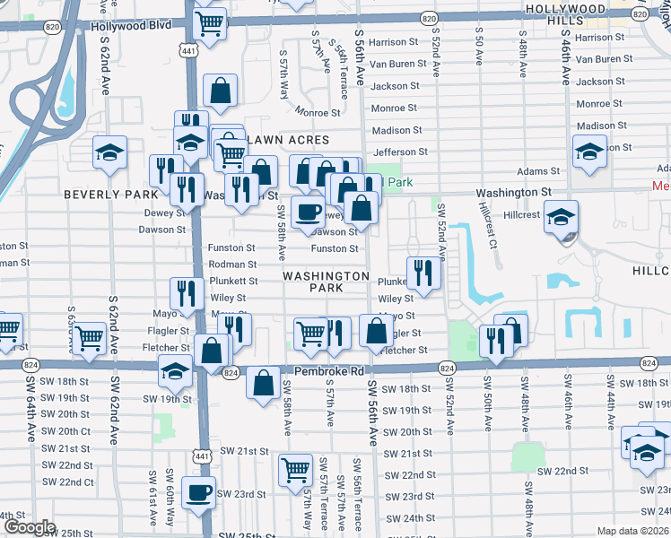 map of restaurants, bars, coffee shops, grocery stores, and more near 5650 Rodman Street in Hollywood