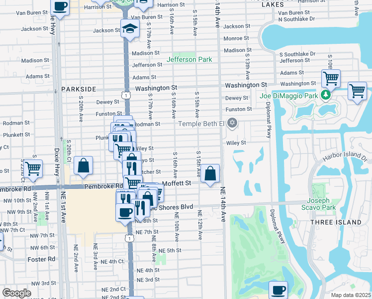 map of restaurants, bars, coffee shops, grocery stores, and more near 1520 Wiley Street in Hollywood