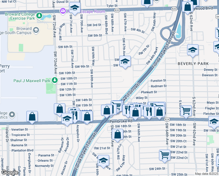 map of restaurants, bars, coffee shops, grocery stores, and more near 6790 Southwest 12th Street in Pembroke Pines