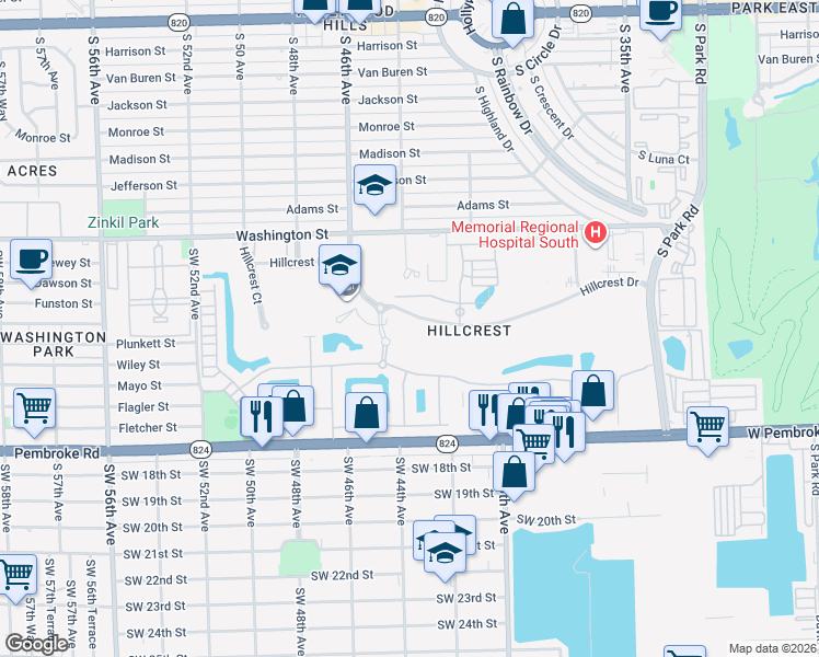 map of restaurants, bars, coffee shops, grocery stores, and more near 4400 Hillcrest Drive in Hollywood