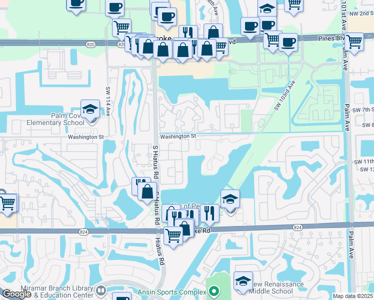 map of restaurants, bars, coffee shops, grocery stores, and more near 960 Southwest 108th Avenue in Pembroke Pines