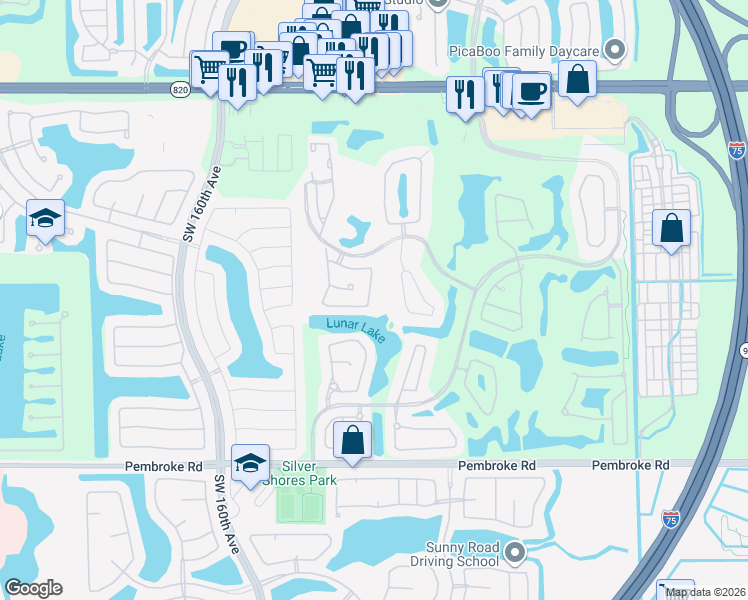 map of restaurants, bars, coffee shops, grocery stores, and more near 1153 Southwest 158th Avenue in Pembroke Pines