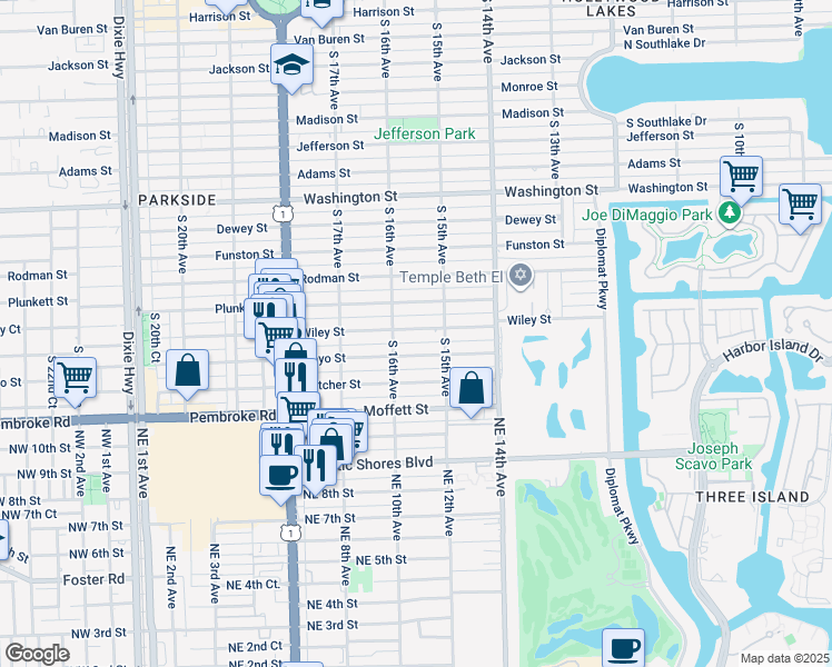 map of restaurants, bars, coffee shops, grocery stores, and more near 1520 Wiley Street in Hollywood