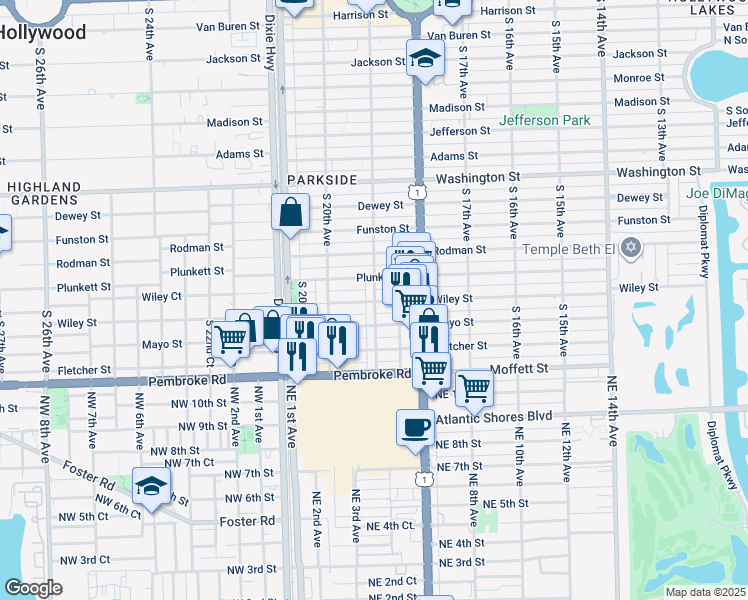 map of restaurants, bars, coffee shops, grocery stores, and more near 1903 Wiley Street in Hollywood