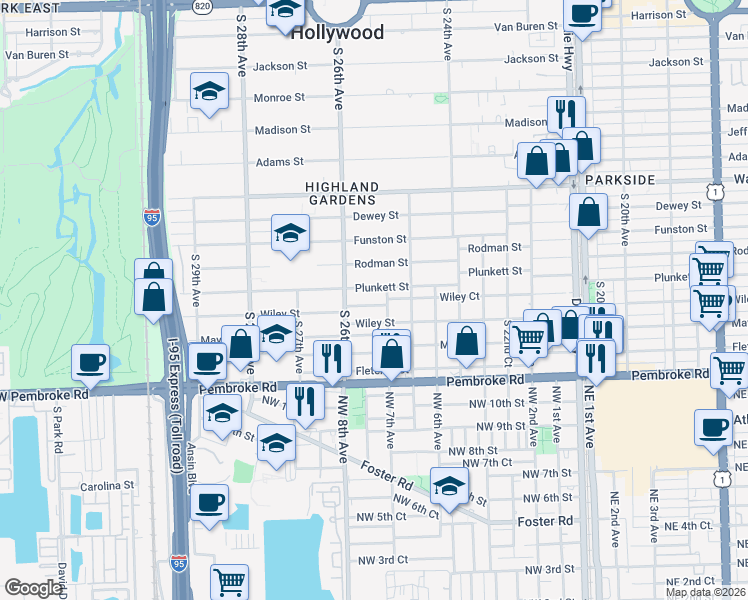 map of restaurants, bars, coffee shops, grocery stores, and more near 30 South 25th Avenue in Hollywood