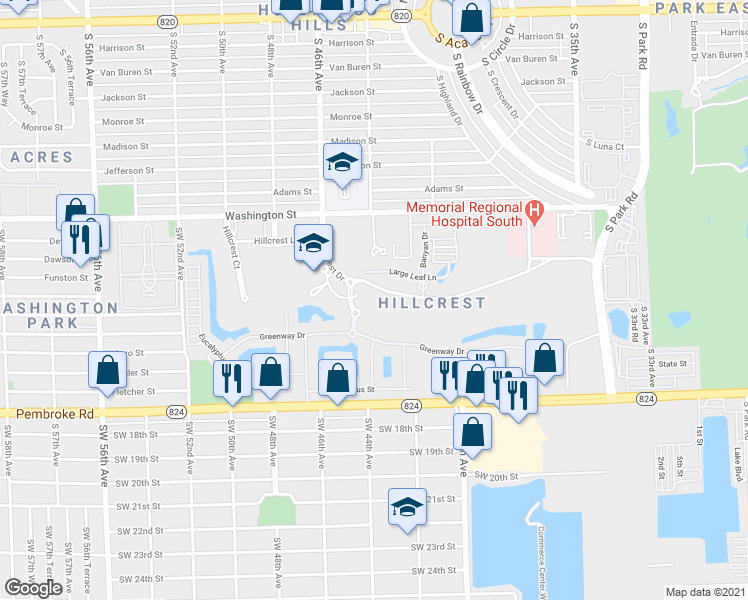 map of restaurants, bars, coffee shops, grocery stores, and more near 4400 Hillcrest Drive in Hollywood