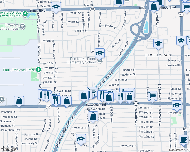 map of restaurants, bars, coffee shops, grocery stores, and more near 6720 Southwest 12th Street in Pembroke Pines