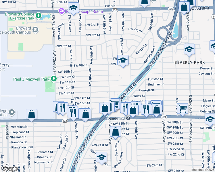 map of restaurants, bars, coffee shops, grocery stores, and more near 6790 Southwest 12th Street in Pembroke Pines