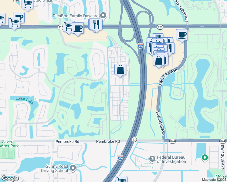 map of restaurants, bars, coffee shops, grocery stores, and more near 14701 Southwest 11th Street in Pembroke Pines